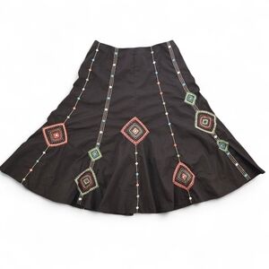 Y2K-era Chocolate Brown Diamond Embroidered A-Line Midi Skirt Size 8 Boho